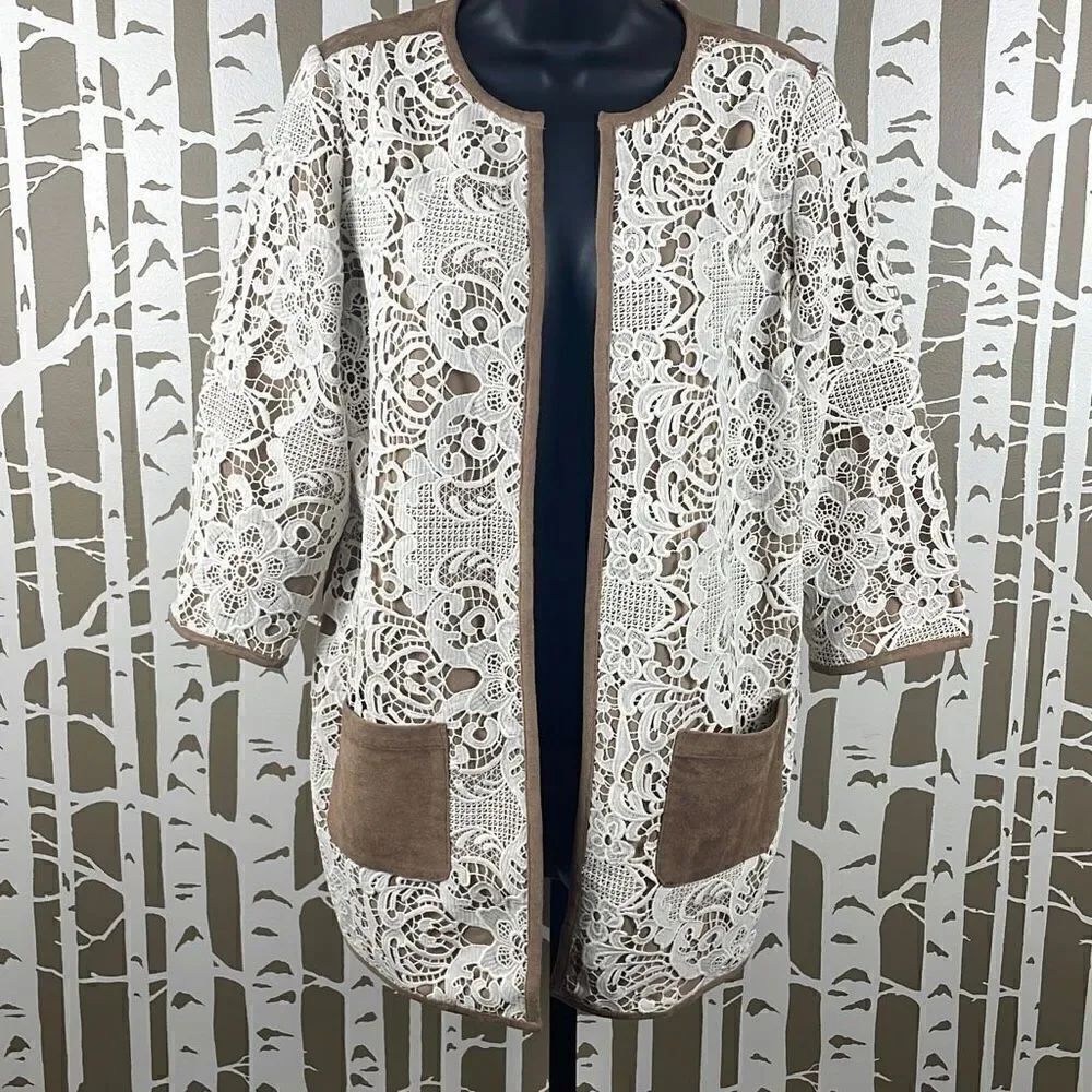Chico’s NEW Lace Faux Suede 3/4 Sleeve Duster Jacket sz 0